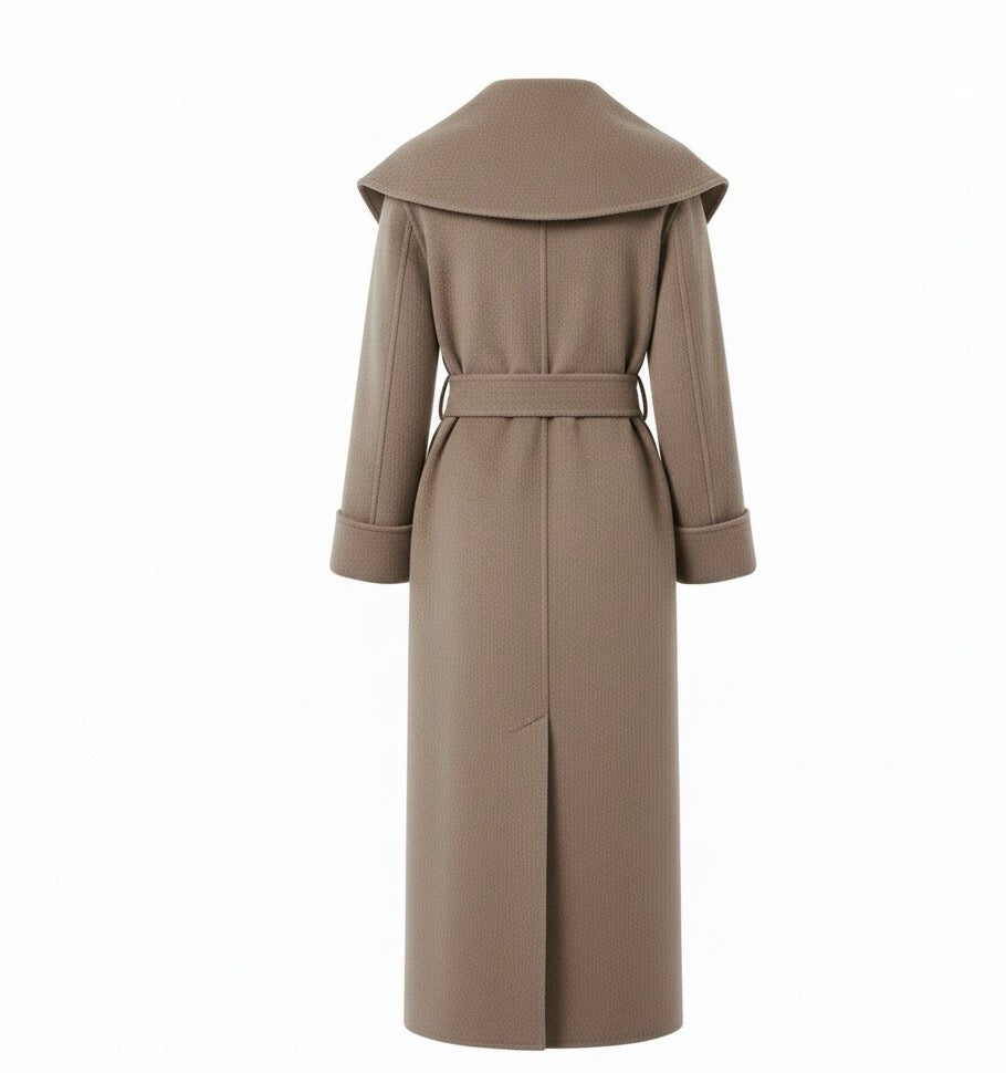 Elegant Wool Wrap Coat – Women’s Belted Long Lapel Overcoat, Full Sleeve