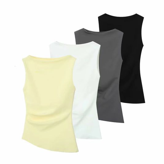 Asymmetric Wrinkles Ship Neck Sleeveless T-shirt