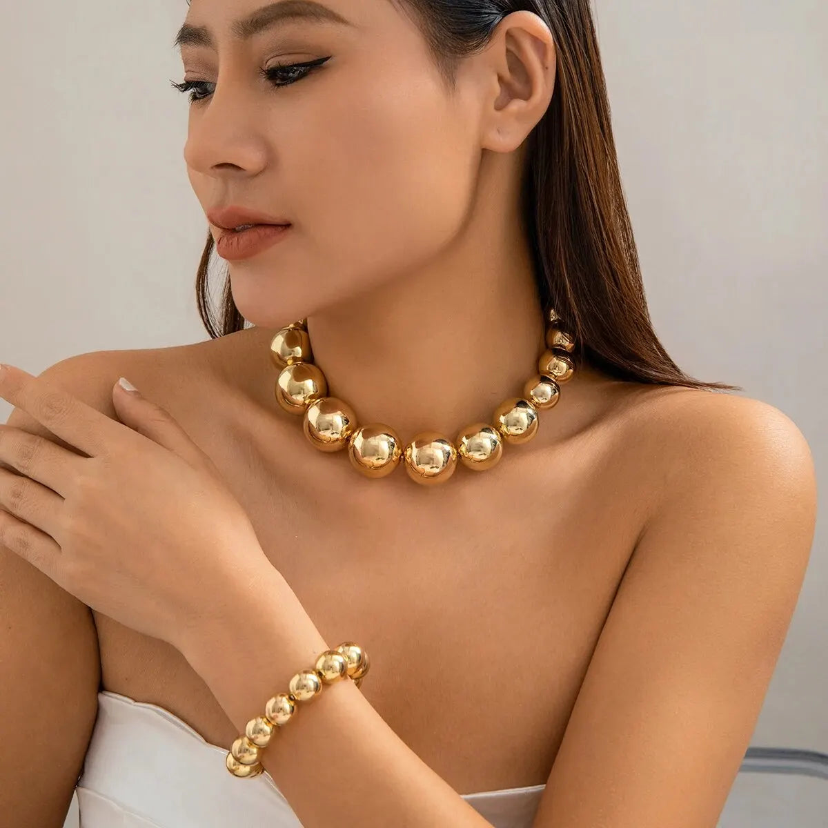 2Pcs Big CCB Beads Chain Necklace Bracelet for Women