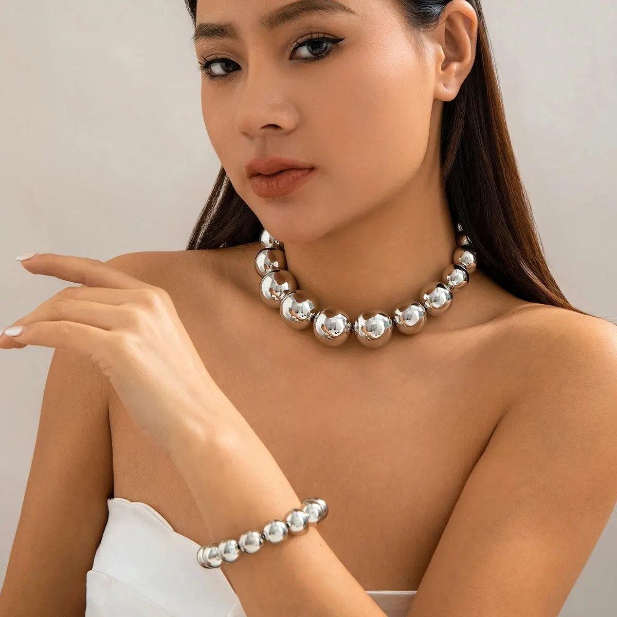2Pcs Big CCB Beads Chain Necklace Bracelet for Women