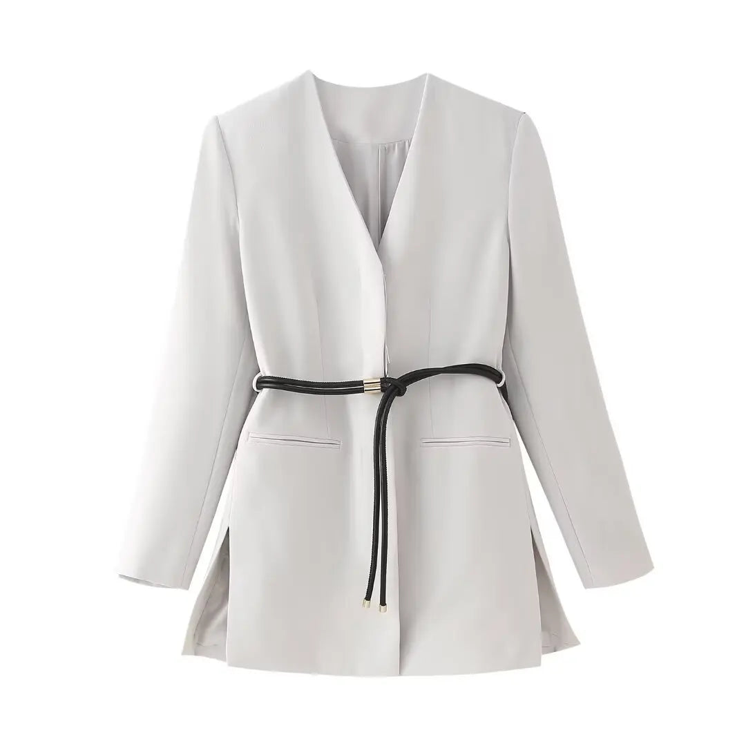 V-neck Belt Mid-Length Waist Coat