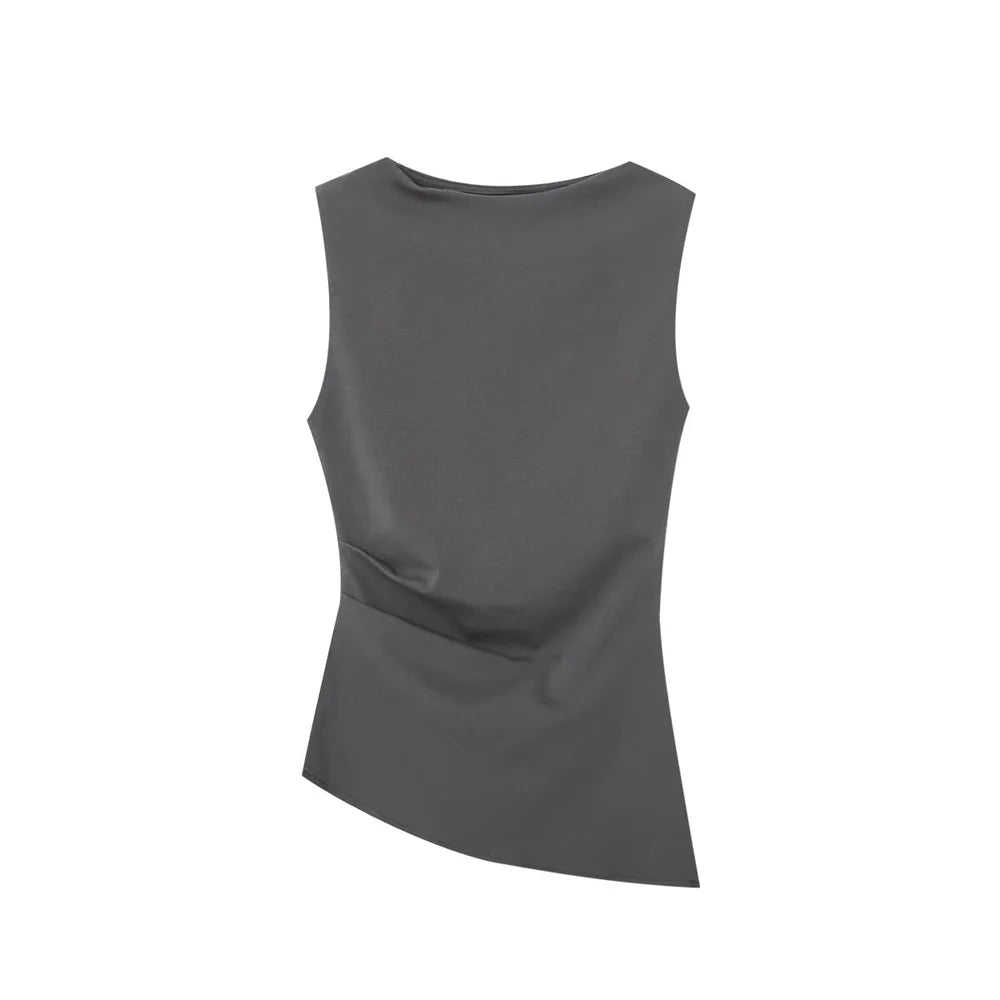 Asymmetric Wrinkles Ship Neck Sleeveless T-shirt