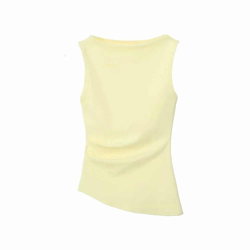 Asymmetric Wrinkles Ship Neck Sleeveless T-shirt