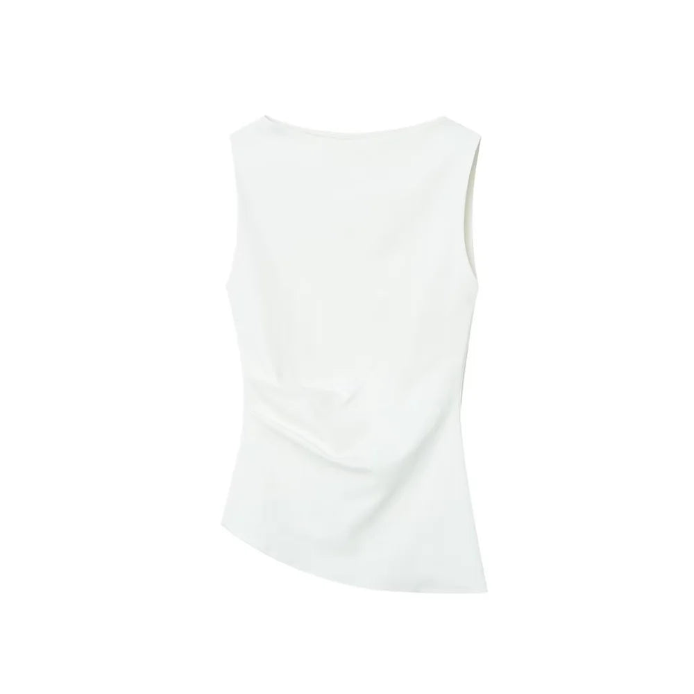 Asymmetric Wrinkles Ship Neck Sleeveless T-shirt