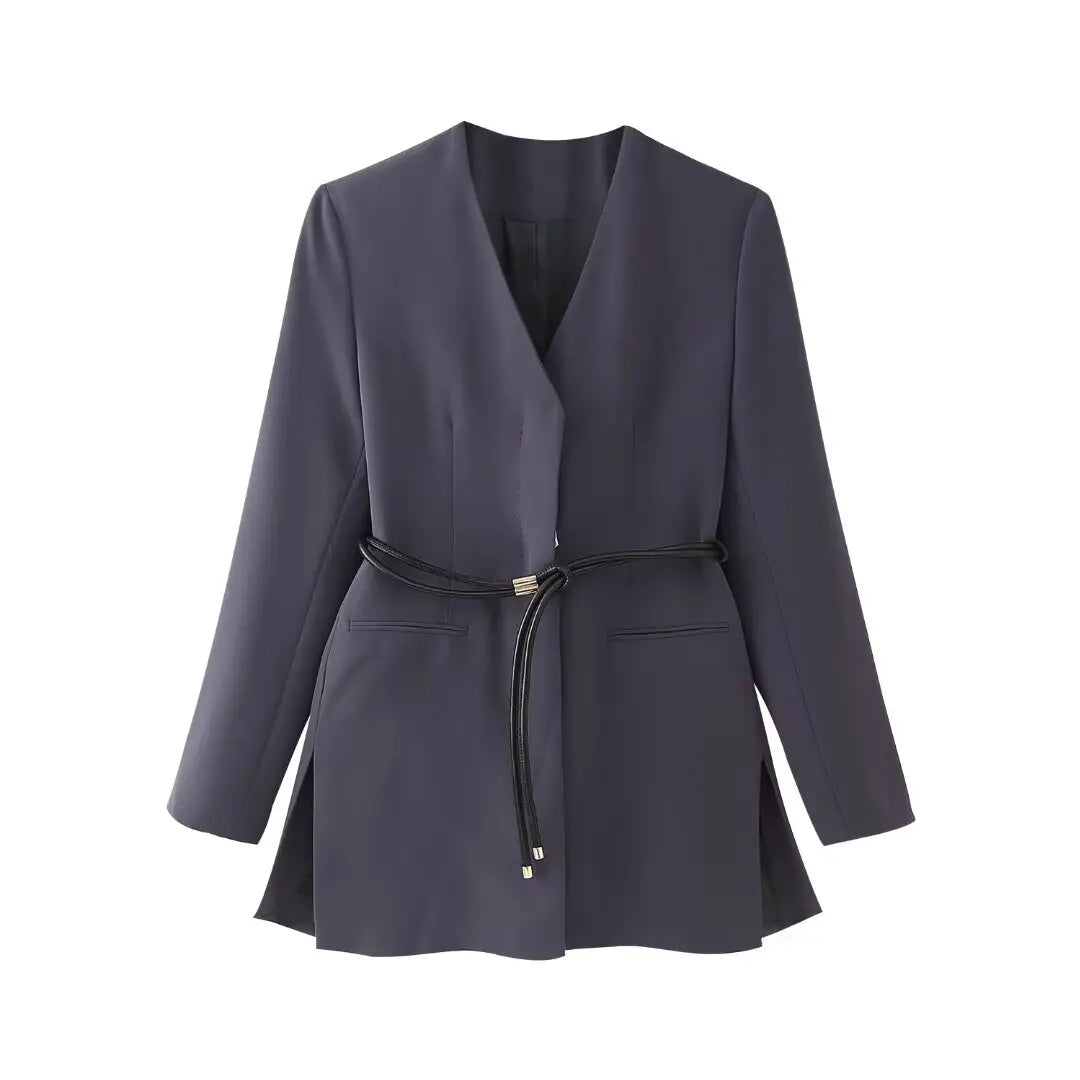 V-neck Belt Mid-Length Waist Coat