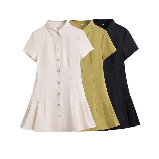 Flip Collar Short Sleeve Single breasted Shirt Style Mini Dress