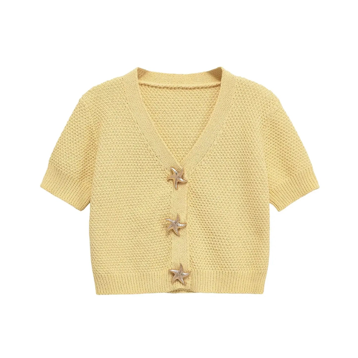 Star Button Short-Sleeved V-neck Knitted Jacket