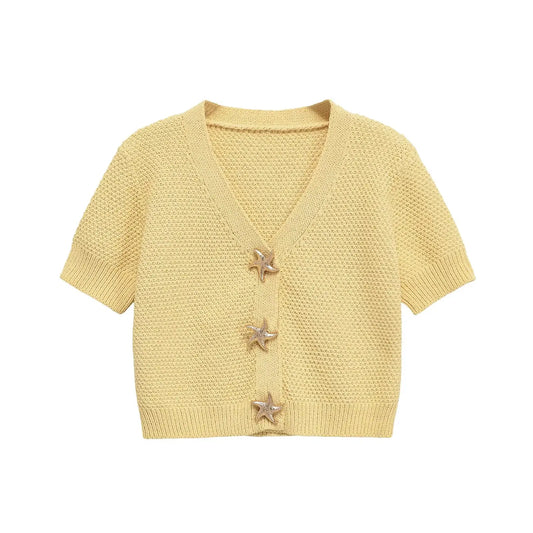 Star Button Short-Sleeved V-neck Knitted Jacket