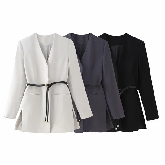 V-neck Belt Mid-Length Waist Coat